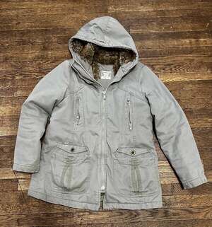 RuffHewn Women's Fur Lined Hooded Rustic Jacket Army Green Heavy Cotton Large